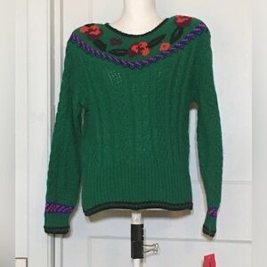 Liz Clairborne Green Cable Knit Sweater with Floral Accents